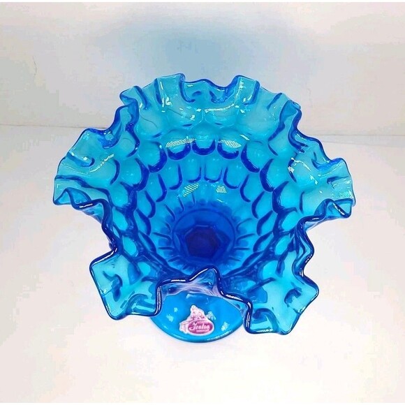 Fenton Colonial Blue Thumbprint Compote Candy Dish Ruffled Edge Vintage - Picture 5 of 6